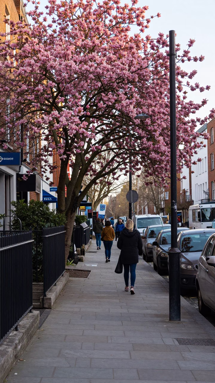 Late Morning Dublin Street Scene with Dogwood Tree and Doorframe Details in in Dublin, Ireland