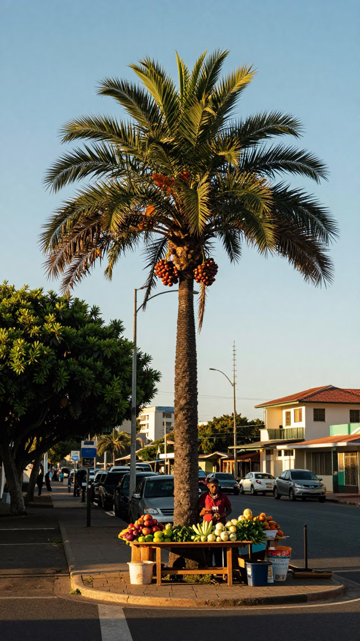 Late Morning Durban Street Scene with Acai Palm and Local Market Activity in in Durban, South Africa