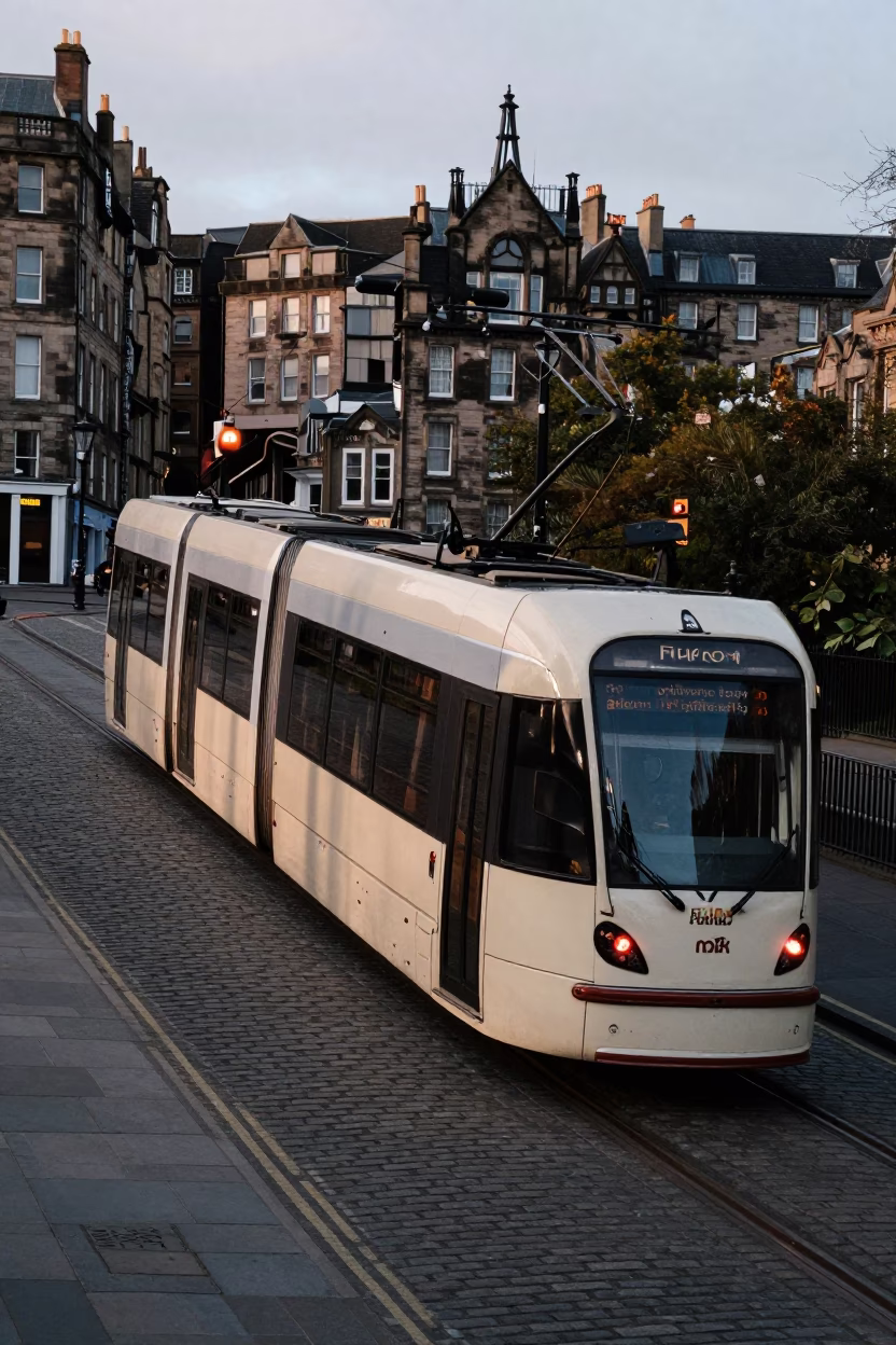 Late Morning Edinburgh Tram Climbing Steep Hill Past Georgian Tenements in in Edinburgh, United Kingdom