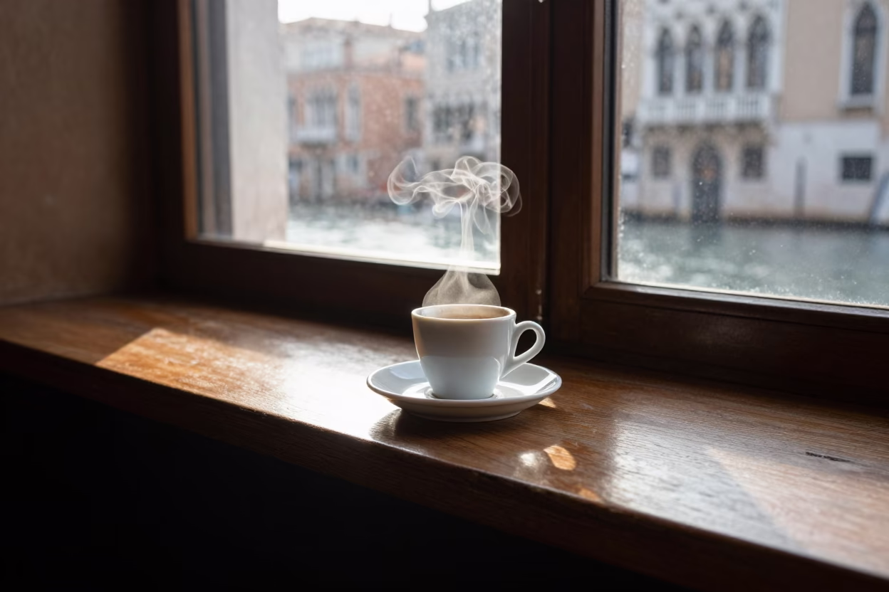 Late Morning Espresso Service at a Traditional Venetian Cafe Counter in in Venice, Italy