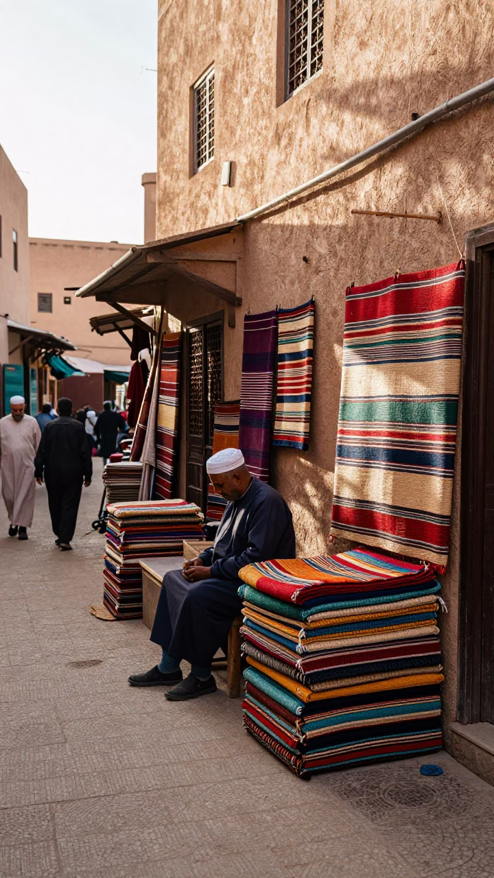 Late Morning Fez Morocco Souk Scene with Woven Mats and Traditional Decor in in Fez, Morocco