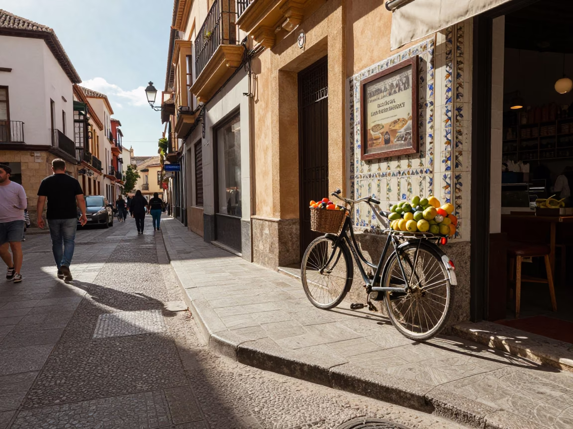 Late Morning Granada Spain Street Scene with Bicycle and Fruit Vendor in in Granada, Spain