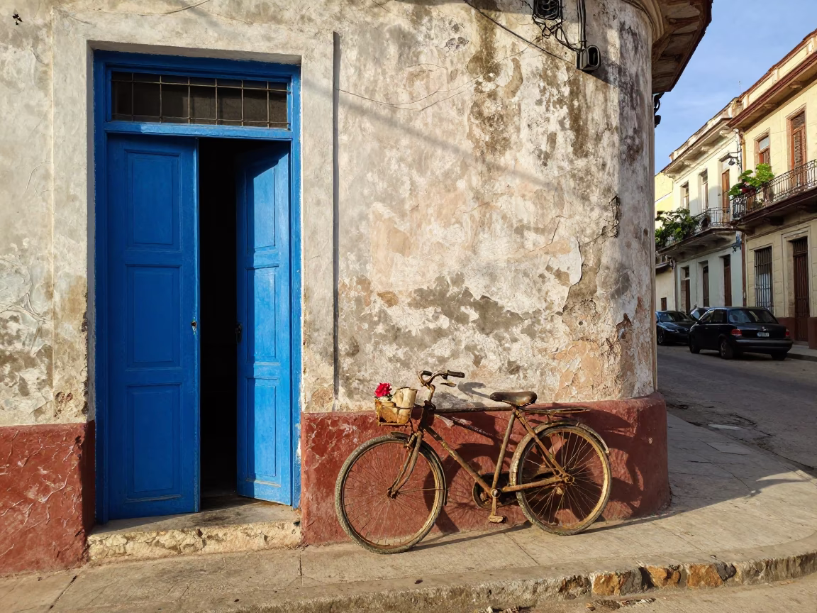 Late Morning Havana Cuba Street Scene with Bicycle and Flower Petals in in Havana, Cuba