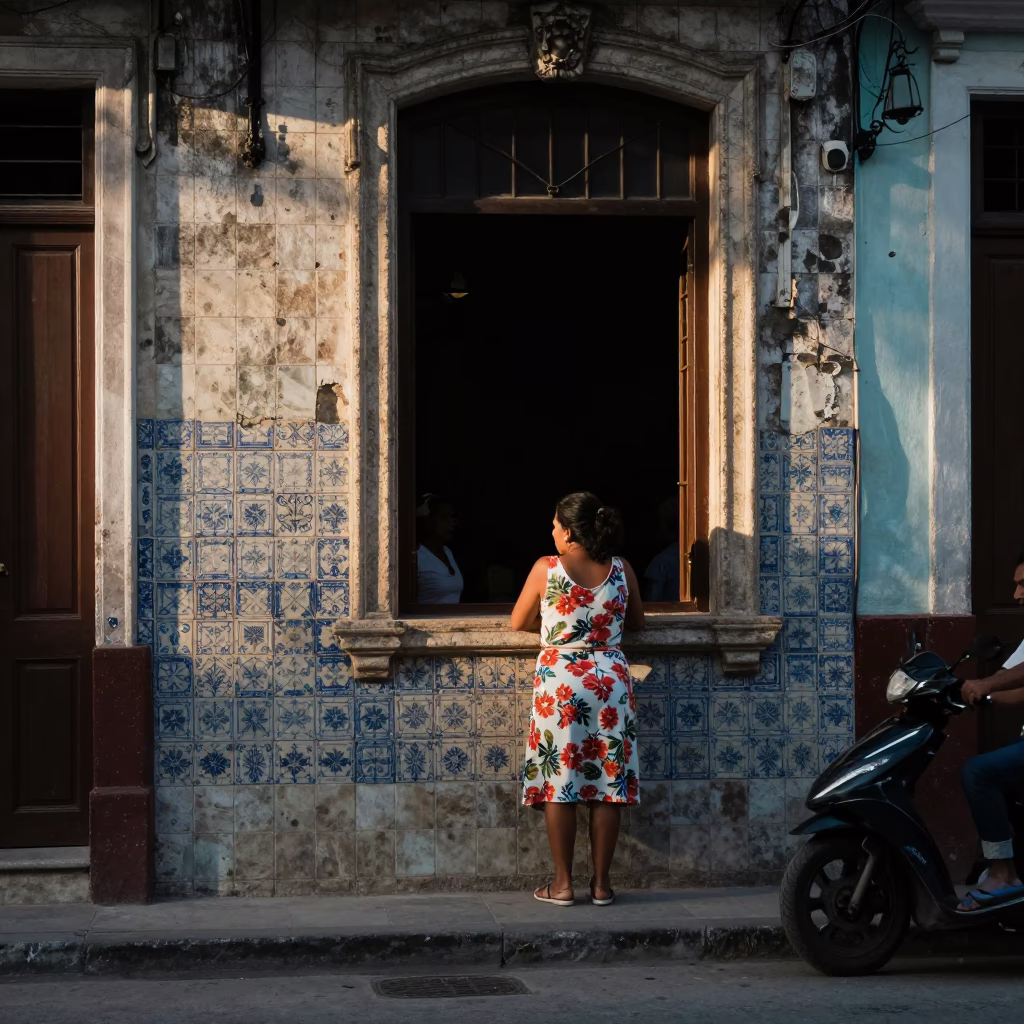Late Morning Havana Street Scene with Ceramic Tiles and Window Light in in Havana, Cuba
