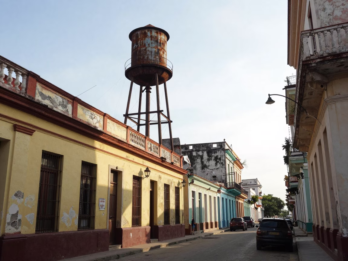 Late Morning Havana Street Scene With Water Tower And Terracotta Pots On Colonial Balcony in in Havana, Cuba