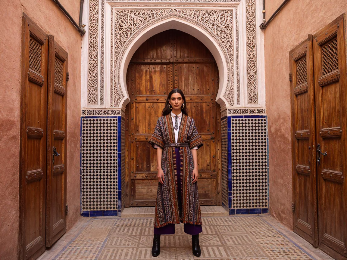Late Morning High Fashion Editorial in Marrakech Souk with Traditional Stone Architecture in in Marrakech, Morocco