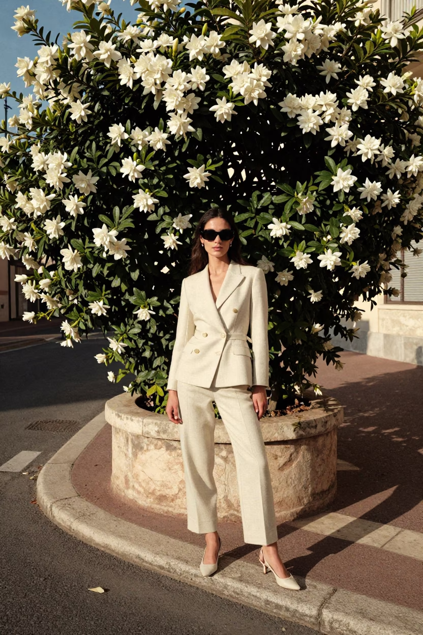 Late Morning High Fashion Portrait with Gardenia Bush in Marseille France in in Marseille, France