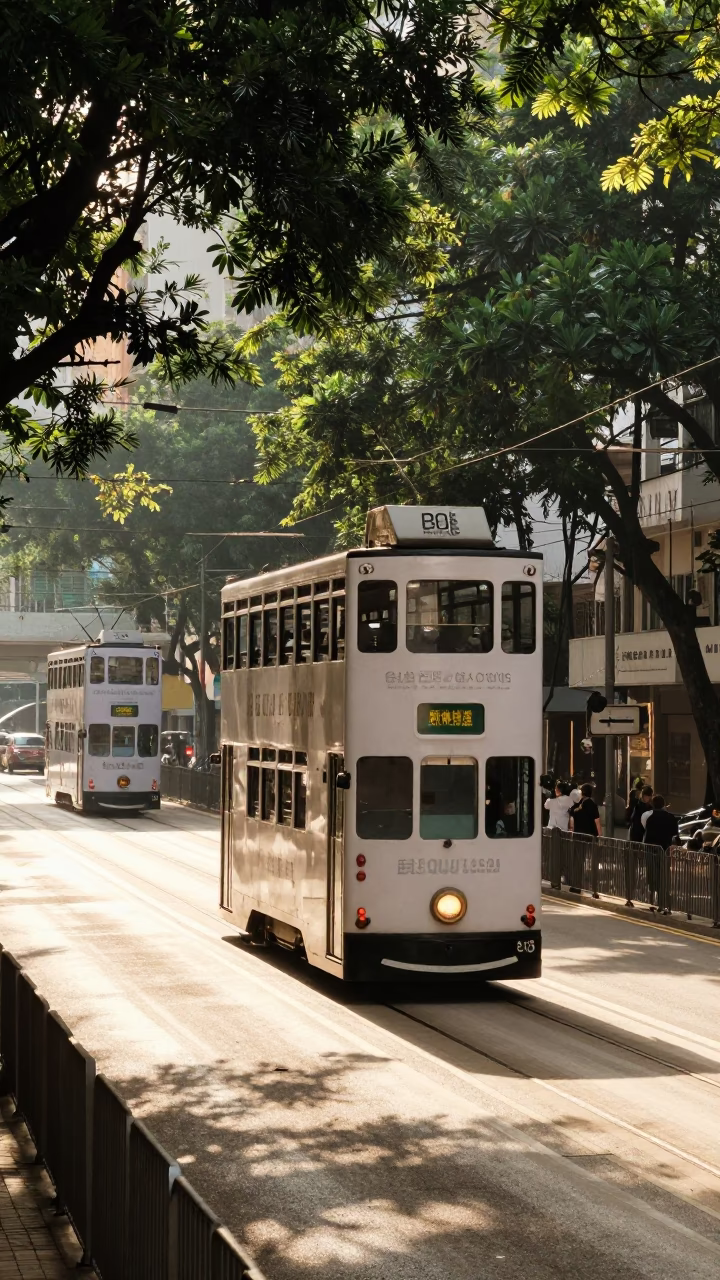 Late Morning Hong Kong Street Scene with Tram and Urban Details in in Hong Kong, Hong Kong