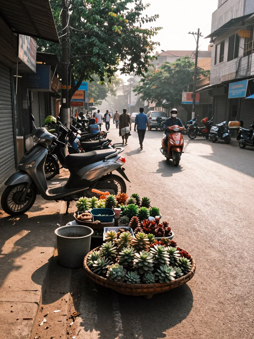 Late Morning Hyderabad Street Scene with Succulents and Local Market Activity in in Hyderabad, India