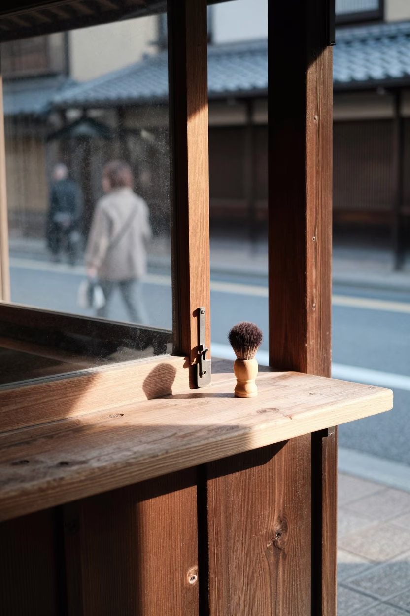 Late Morning Kyoto Street Scene with Shaving Brush on Wooden Counter in in Kyoto, Japan