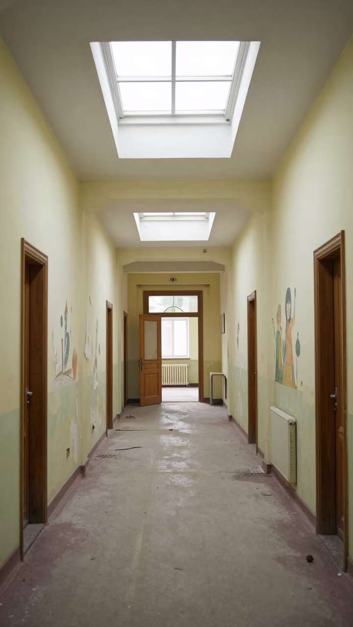 Late Morning Light in Abandoned Belarus Asylum Corridor in inside a ruined hospital wing open to drafts in Belarus
