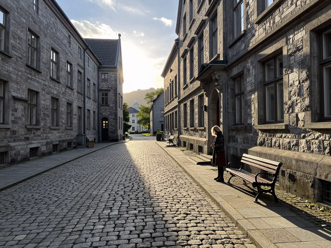 Late Morning Light in Bergen University Cloister Stone Walkway Between Historic Buildings in in Bergen, Norway