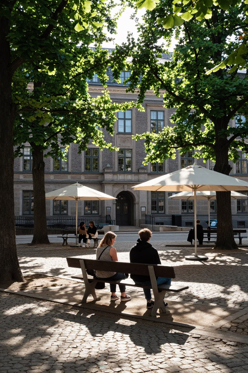 Late Morning Light in Copenhagen University Courtyard with Umbrellas and Leaf Shadows in in Copenhagen, Denmark