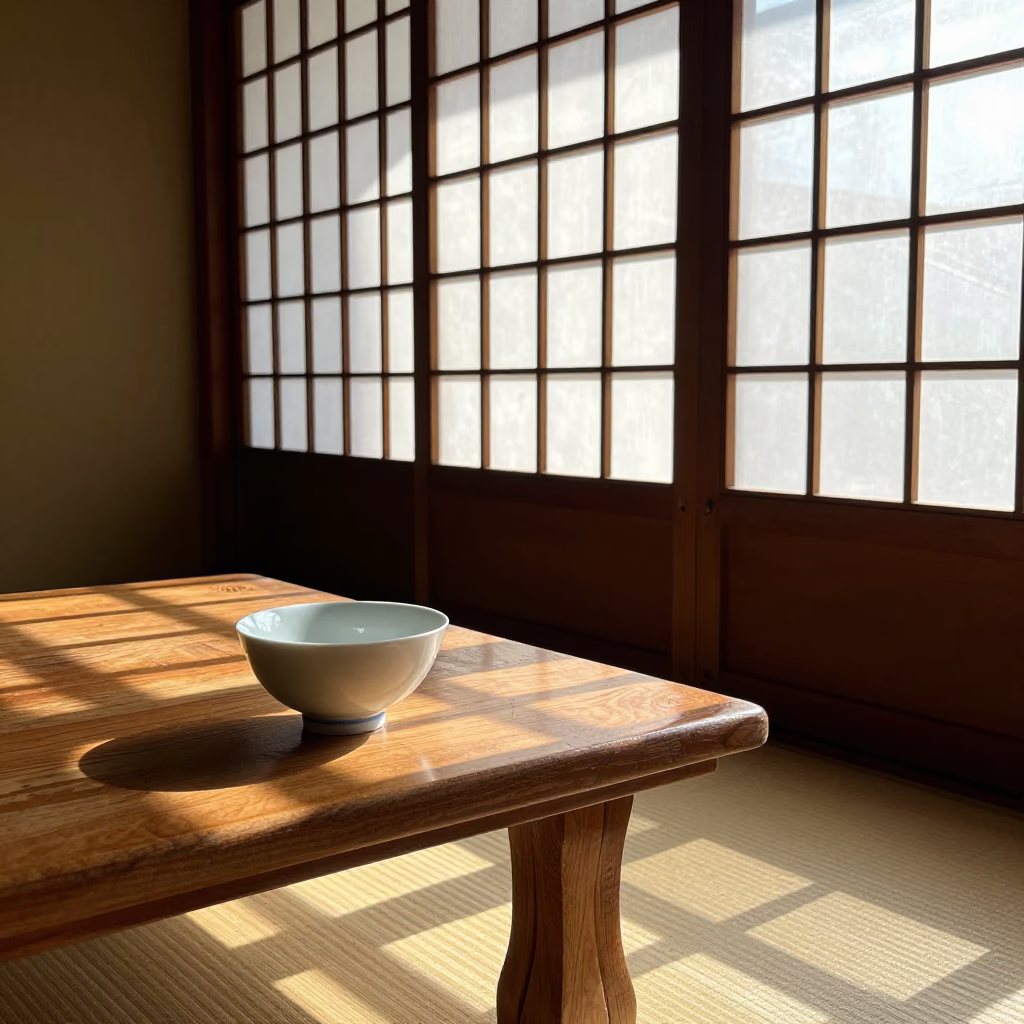 Late Morning Light in Kyoto Workshop with Porcelain Bowl and Brushed Steel Hinge Details in in Kyoto, Japan