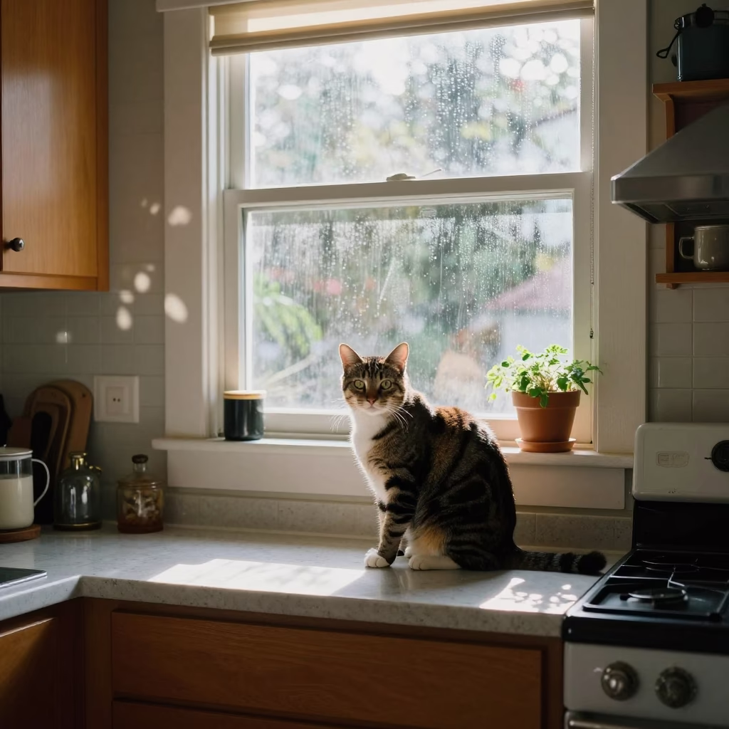 Late morning light in Seattle kitchen with cat and vintage items in in Seattle, Washington, United States