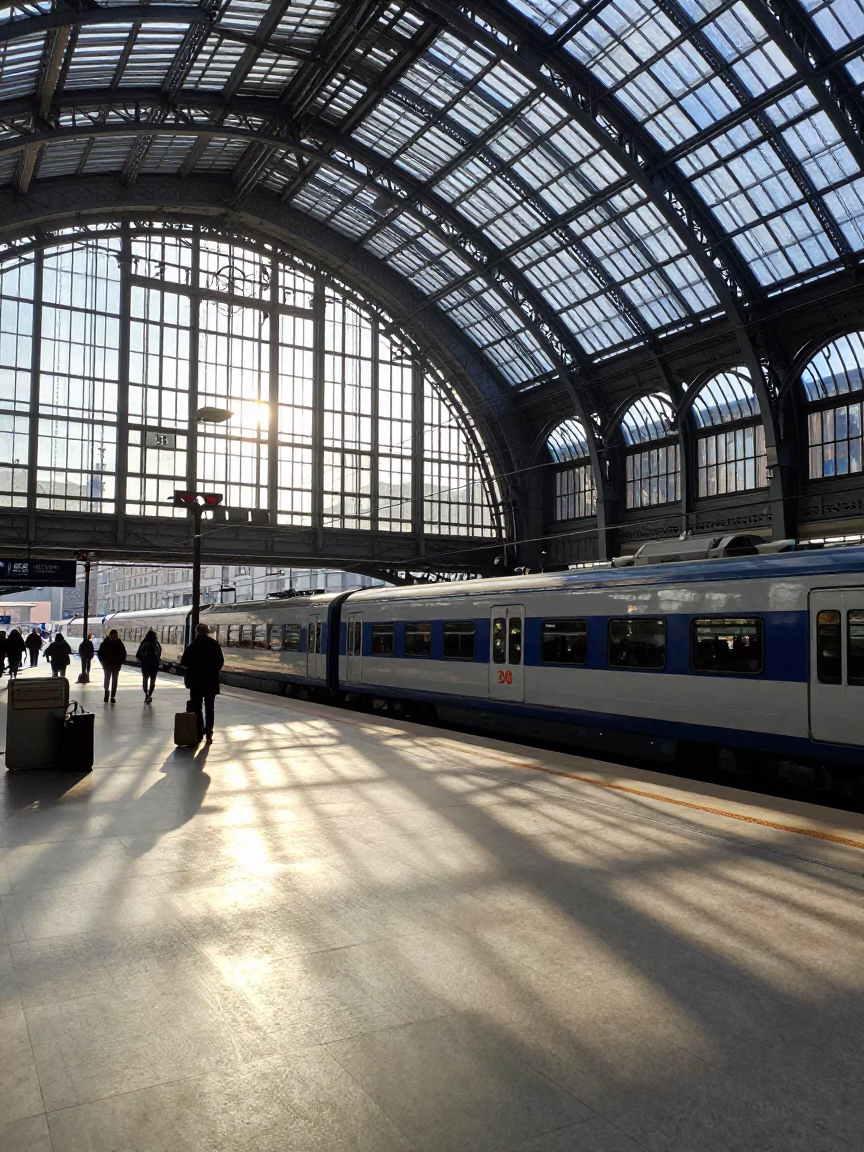 Late Morning Light in Stockholm Train Station with Sun Stripes on Teacups in in Stockholm, Sweden