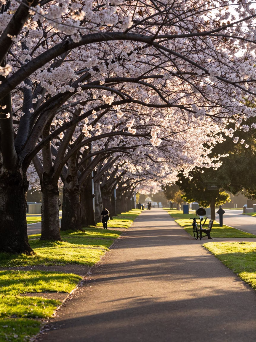 Late Morning Light on Adelaide Park Lands Near Torrens River with Cherry Trees in in Adelaide, South Australia, Australia