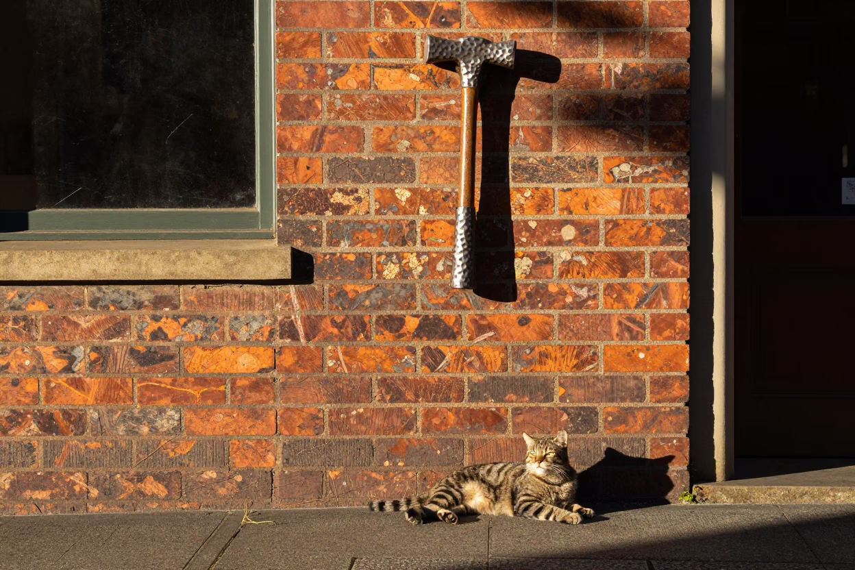 Late Morning Light on Adelaide Street with Hammered Metal and Cat in in Adelaide, South Australia, Australia