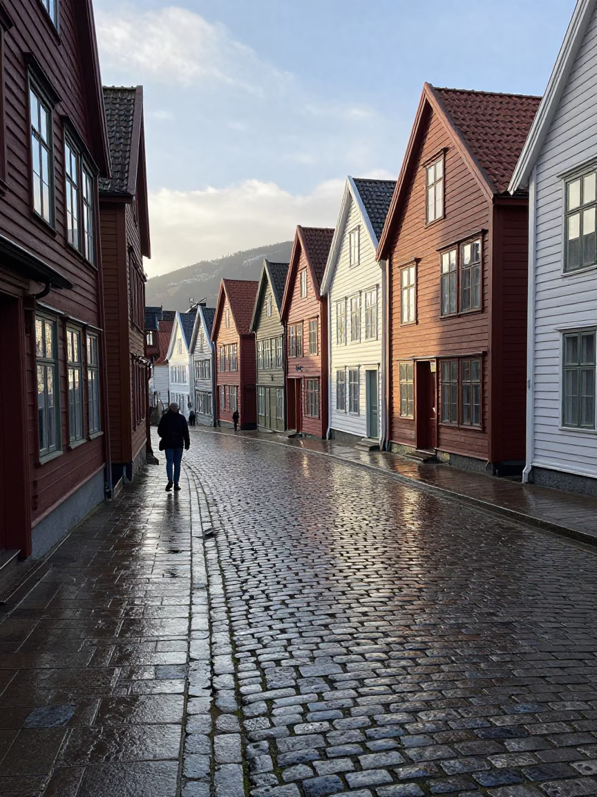 Late Morning Light on Bergen Norway Cobblestone Street with Traditional Wooden Architecture in in Bergen, Norway