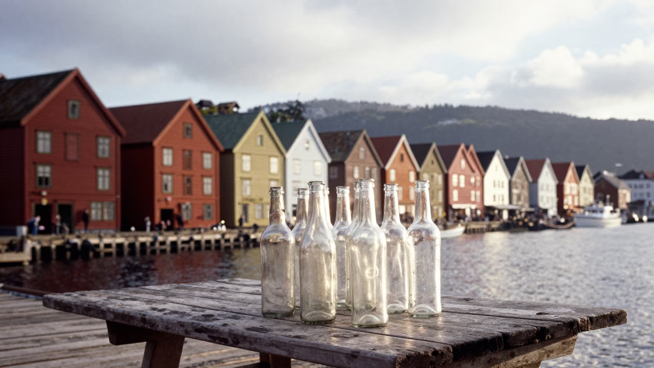 Late Morning Light on Bergen Wharf with Glass Bottles and Vintage Majolica Plate in in Bergen, Norway
