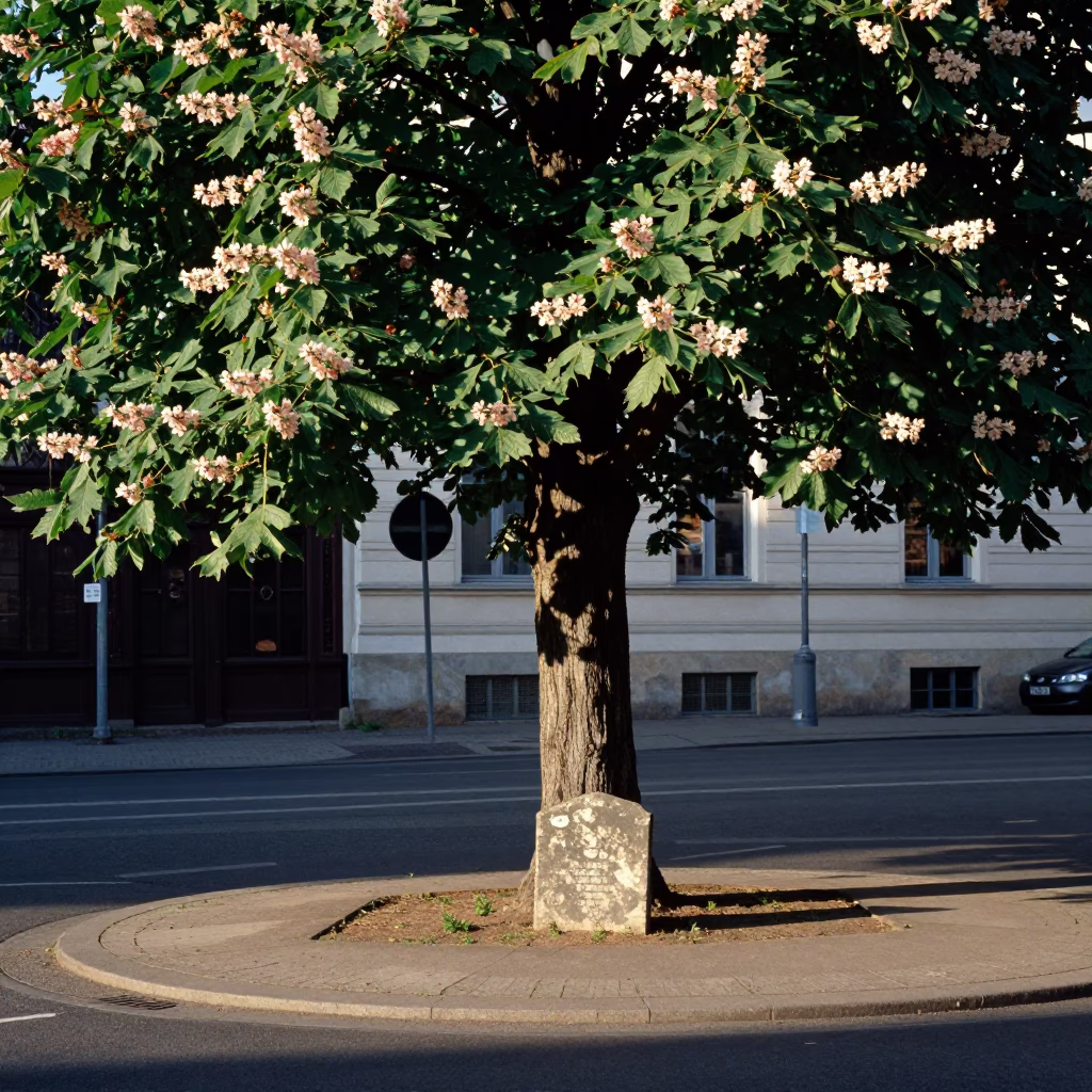 Late Morning Light on Berlin Street Corner with Chestnut Tree and Stone Slab in in Berlin, Germany