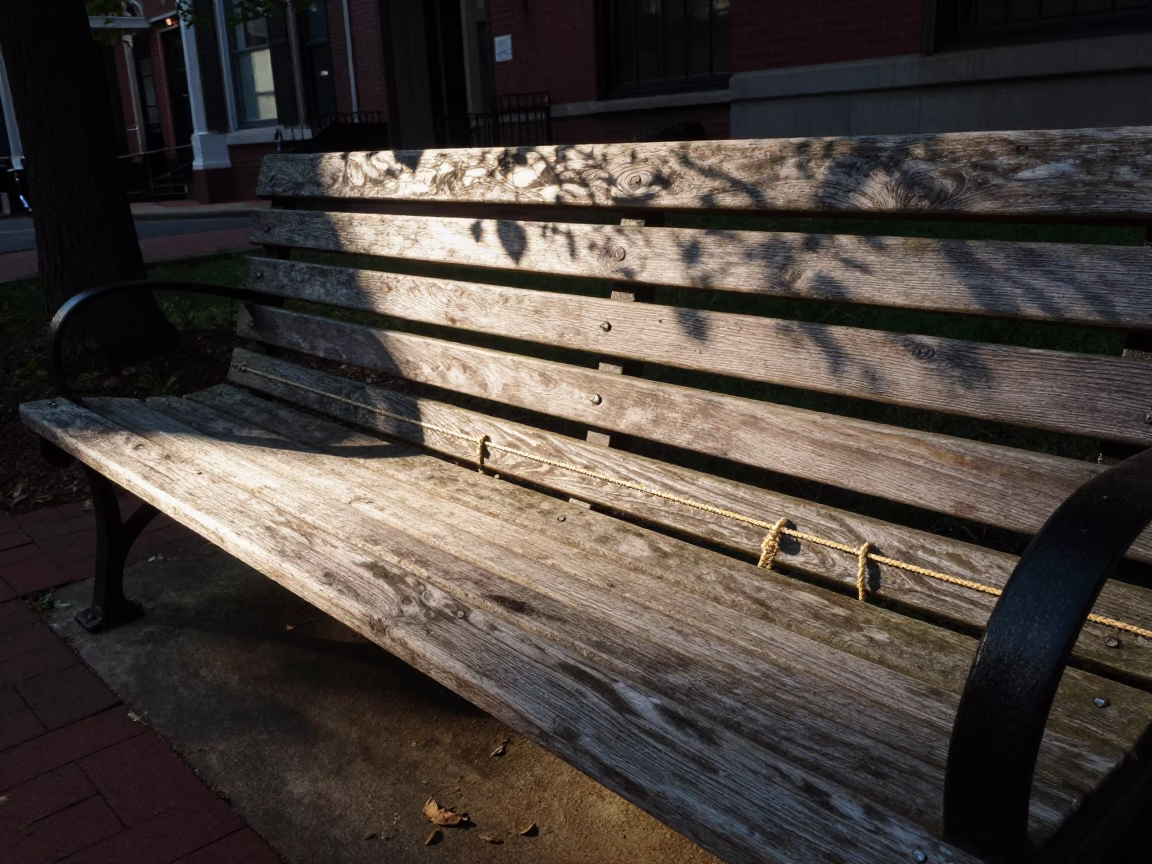 Late Morning Light on Boston Bench Slat with Twine Fabric Seam Detail in in Boston, Massachusetts, United States