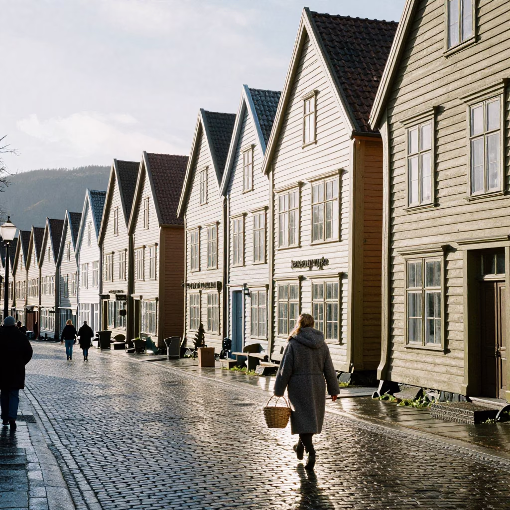 Late Morning Light on Bright Falls in Bergen in in Bergen, Norway