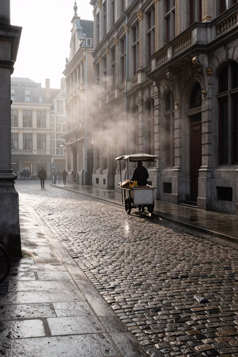Late Morning Light on Brussels Cobblestones with Steam Haze and Citrus Peel in in Brussels, Belgium