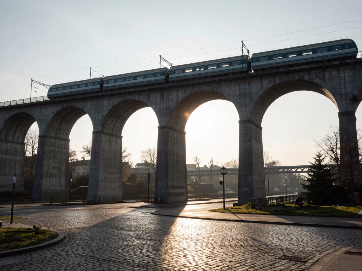 Late Morning Light on Brussels Railway Viaduct Arching Over Busy Street Scene in in Brussels, Belgium