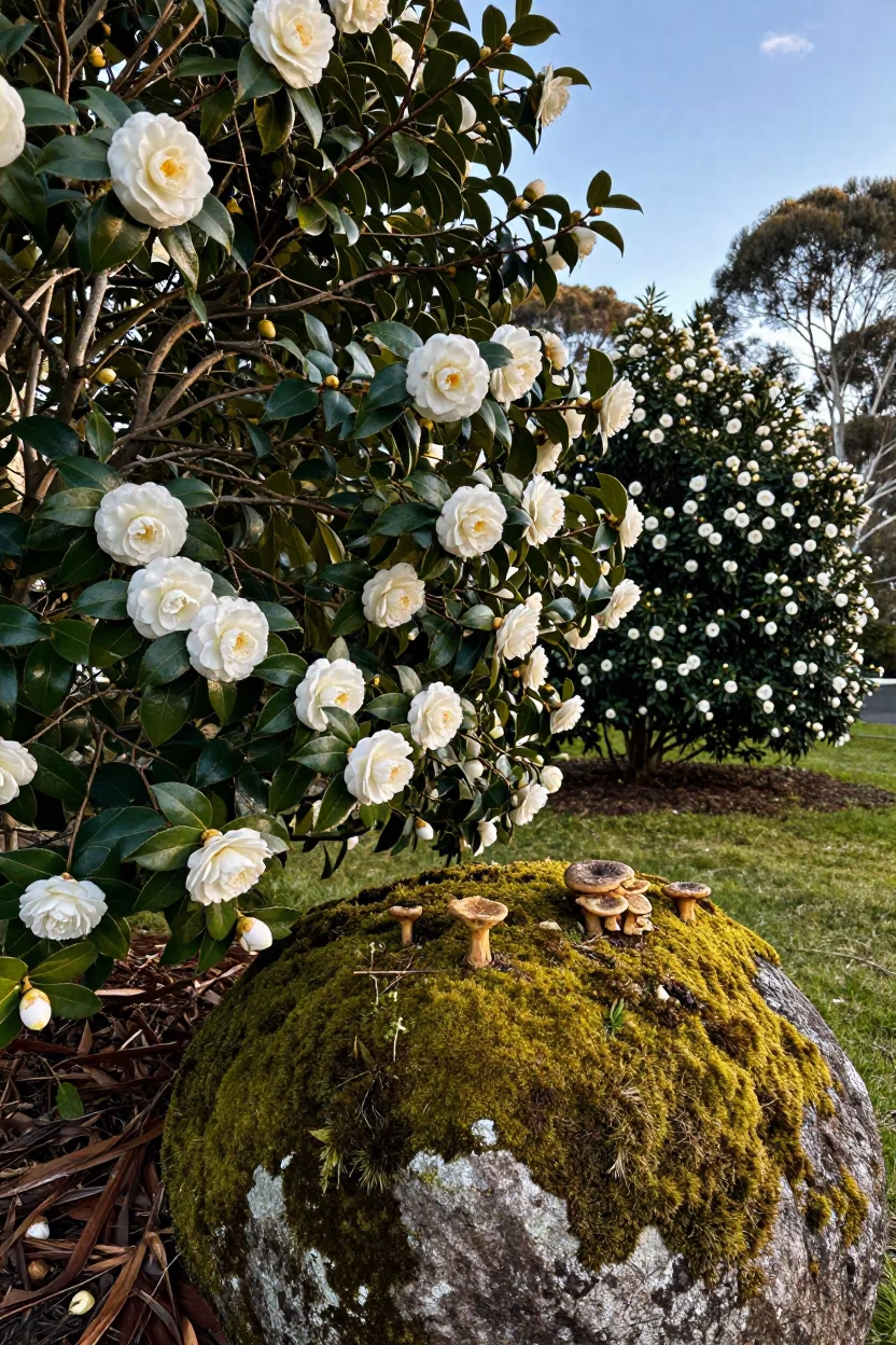 Late Morning Light on Camellia Shrubs and Mossy Boulder in Hobart Tasmania in in Hobart, Tasmania, Australia