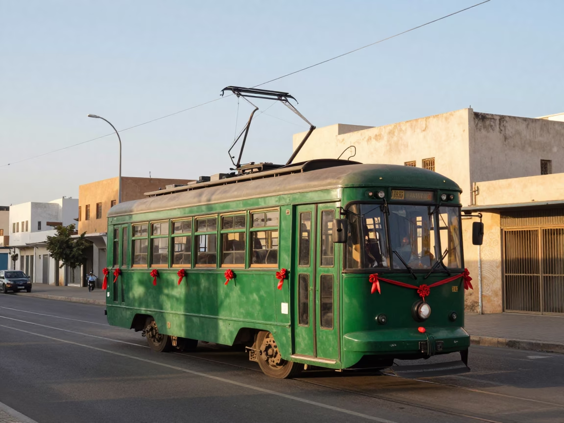 Late Morning Light on Casablanca Tramway Exterior with Green Decorations in in Casablanca, Morocco