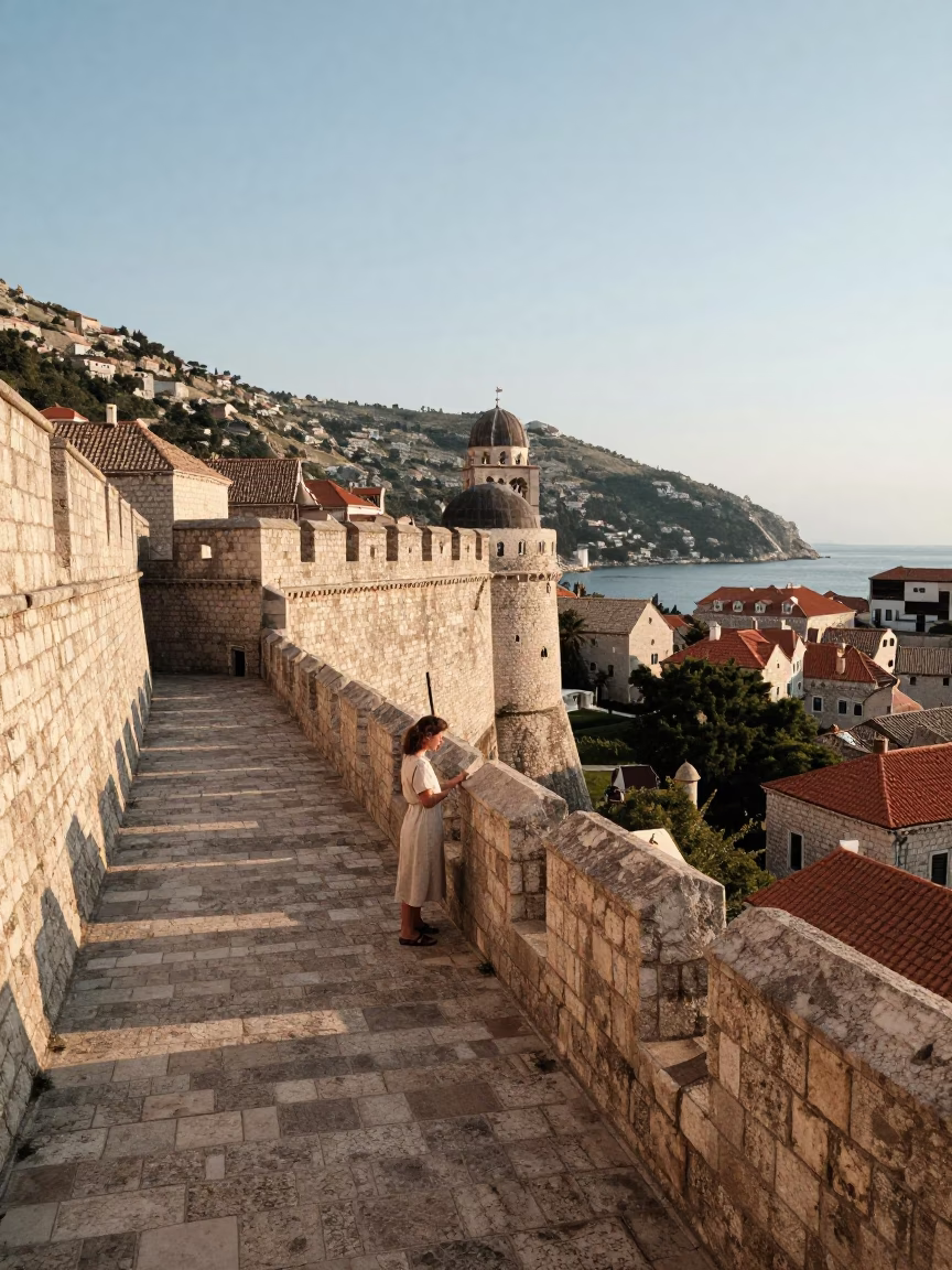 Late Morning Light on Dubrovnik Old Town Walls with Tourists and Local Life in in Dubrovnik, Croatia