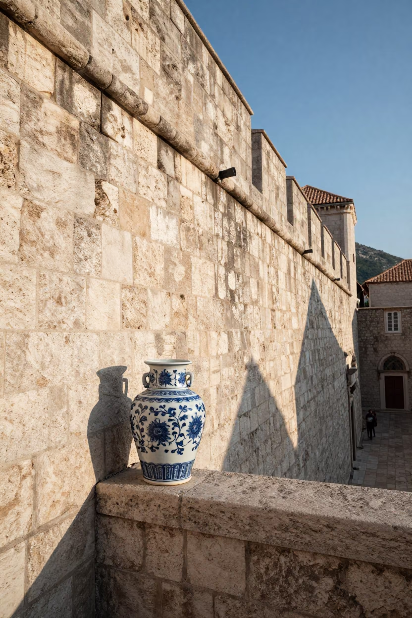 Late Morning Light on Dubrovnik Stone Walls with Porcelain Jar in in Dubrovnik, Croatia