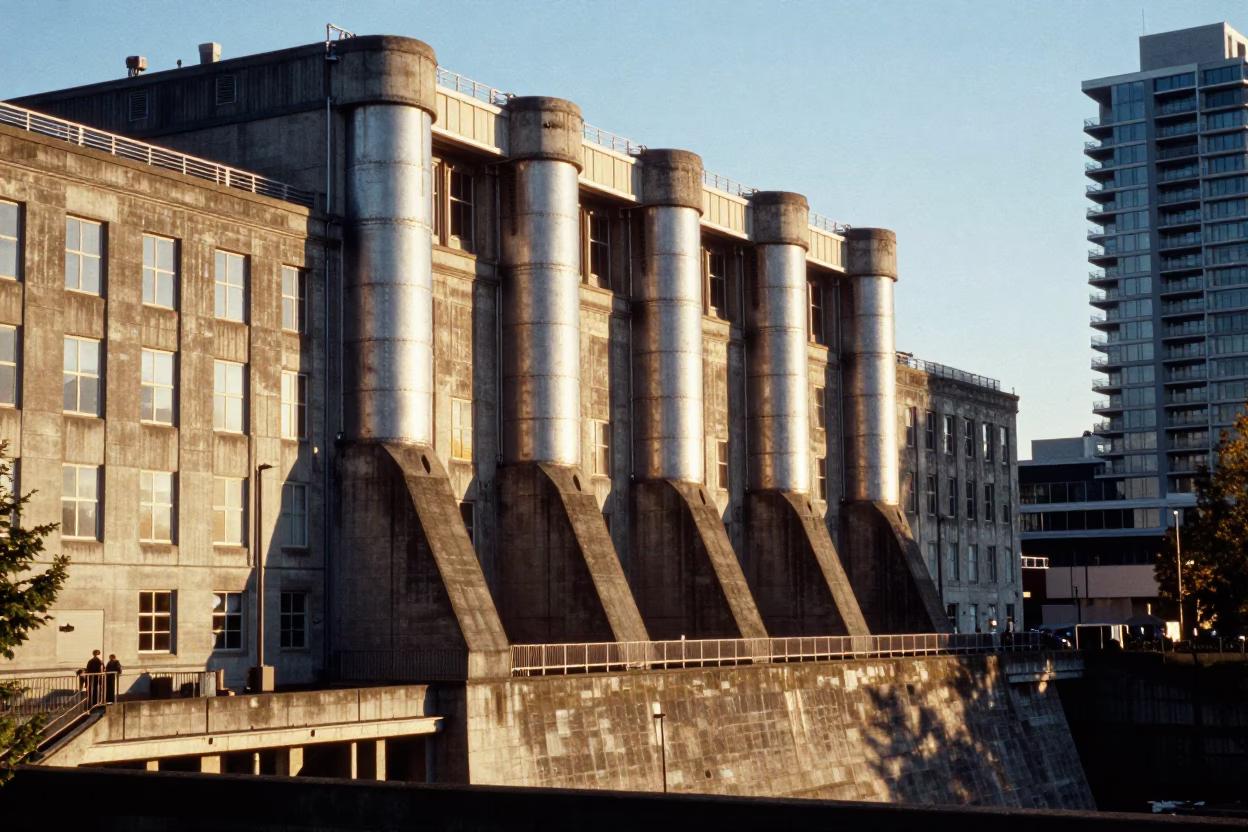 Late Morning Light on Granville Island Dam Powerhouse Facade and Penstock Lines in Vancouver in in Vancouver, British Columbia, Canada