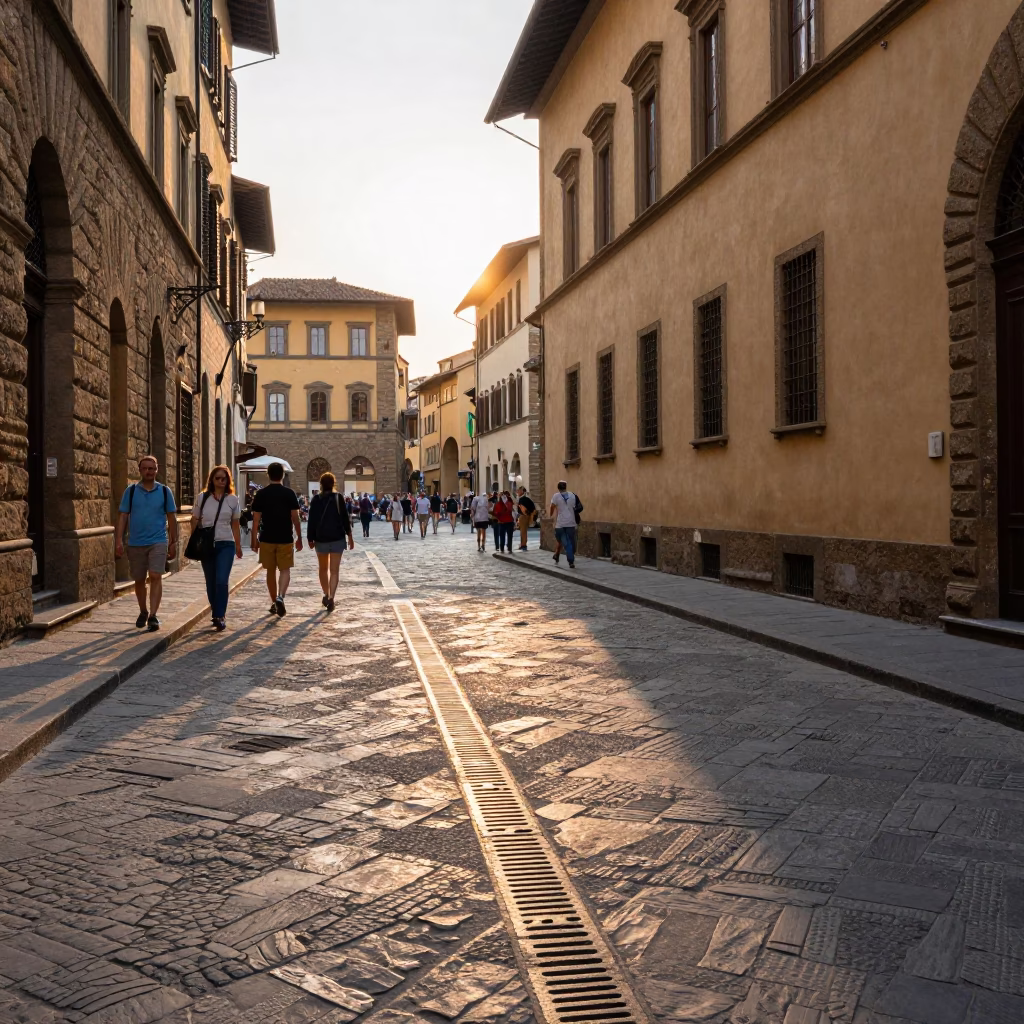 Late morning light on historic Florence street with tourists and architecture in in Florence, Italy