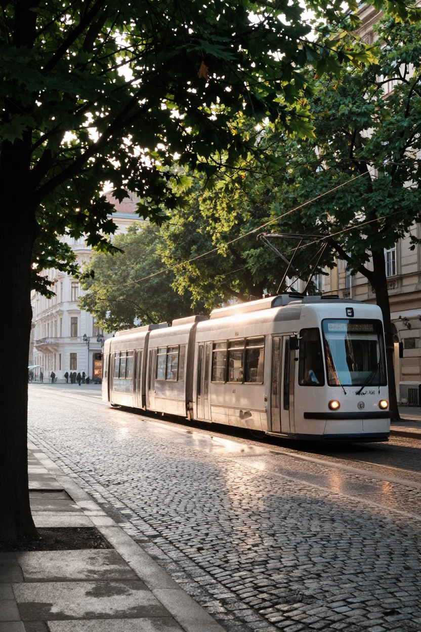 Late Morning Light on Historic Vienna Cobblestone Street with Tram and Cafes in in Vienna, Austria