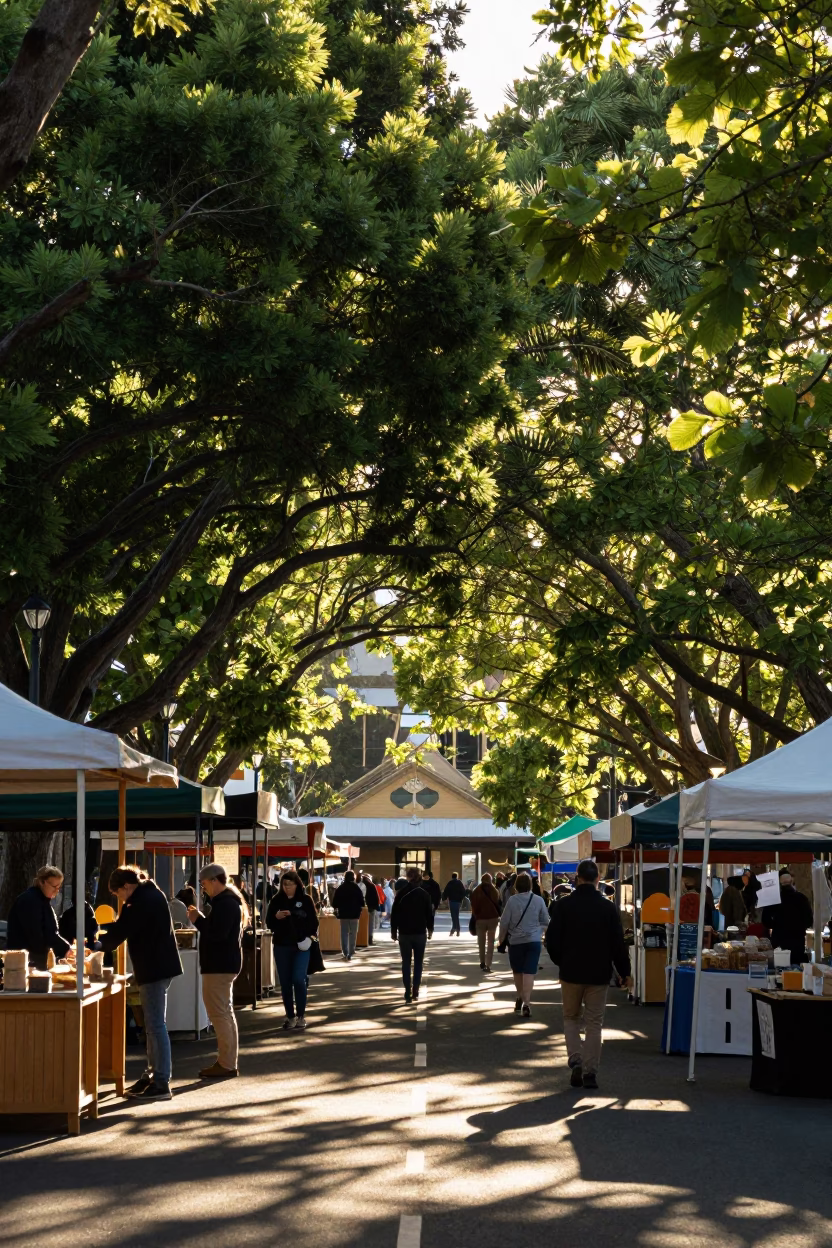 Late Morning Light on Hobart's Elizabeth Street Market Stalls with Local Produce in in Hobart, Tasmania, Australia