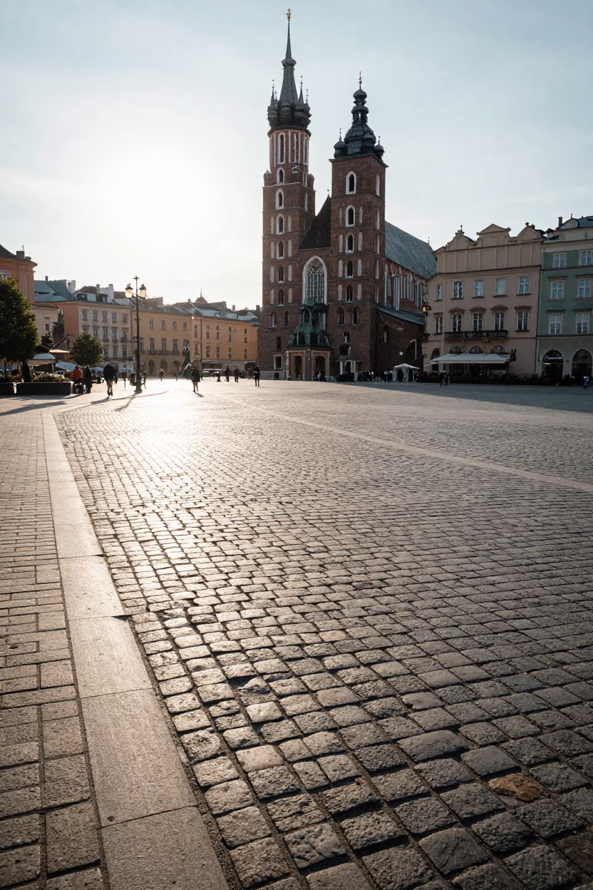 Late Morning Light on Krakow Market Square Cobblestones with Tulip Planters in in Krakow, Poland