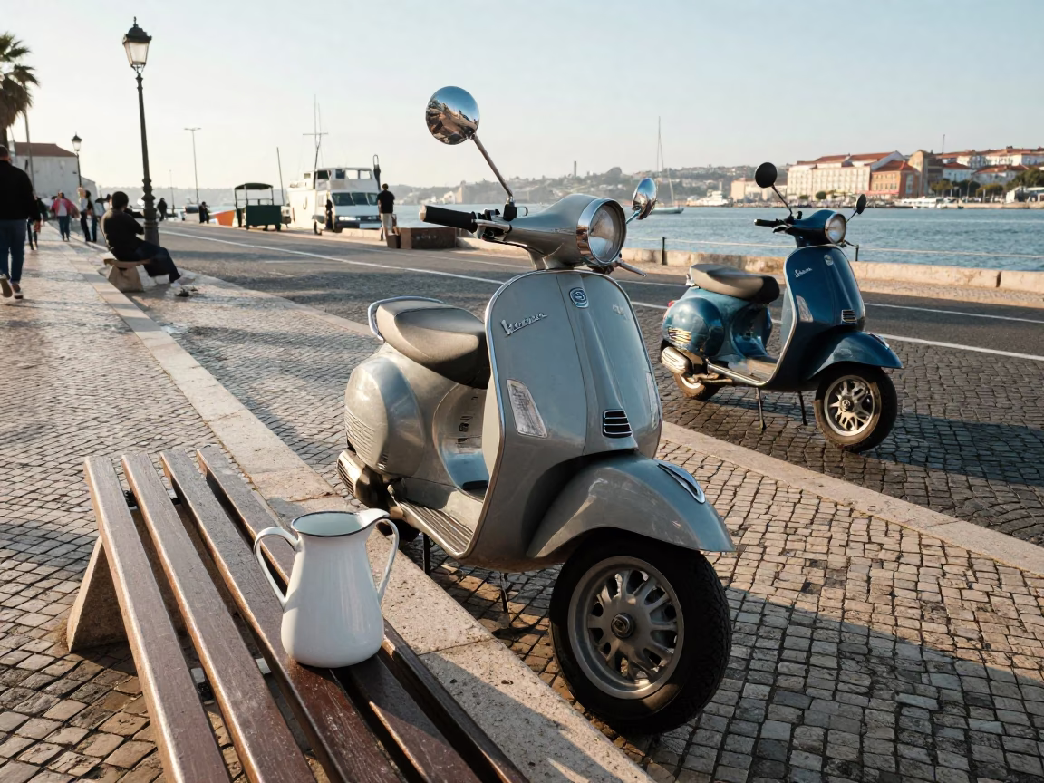 Late Morning Light on Lisbon Cobblestones with Scooter and Enamel Pitcher in in Lisbon, Portugal
