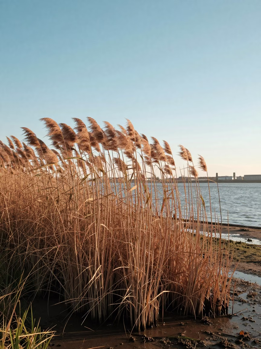 Late Morning Light on Liverpool Waterfront with Papyrus Reeds and Distant Sailboats in in Liverpool, United Kingdom