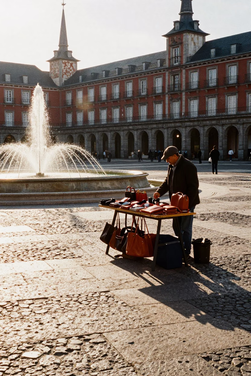 Late Morning Light on Madrid Plaza with Fountain Pen and Linen Details in in Madrid, Spain