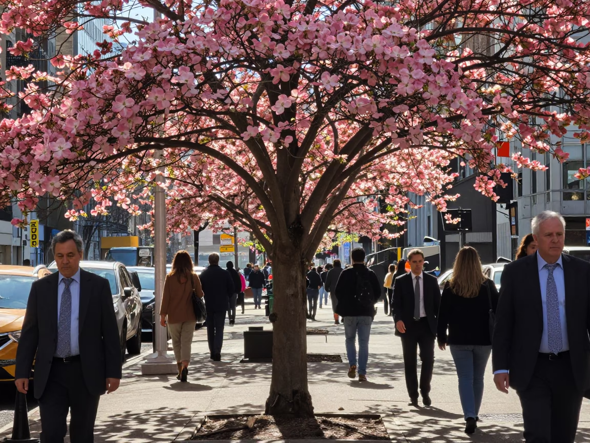 Late Morning Light on Manhattan Sidewalk with Dogwood Tree and City Commuters in in New York, New York, United States