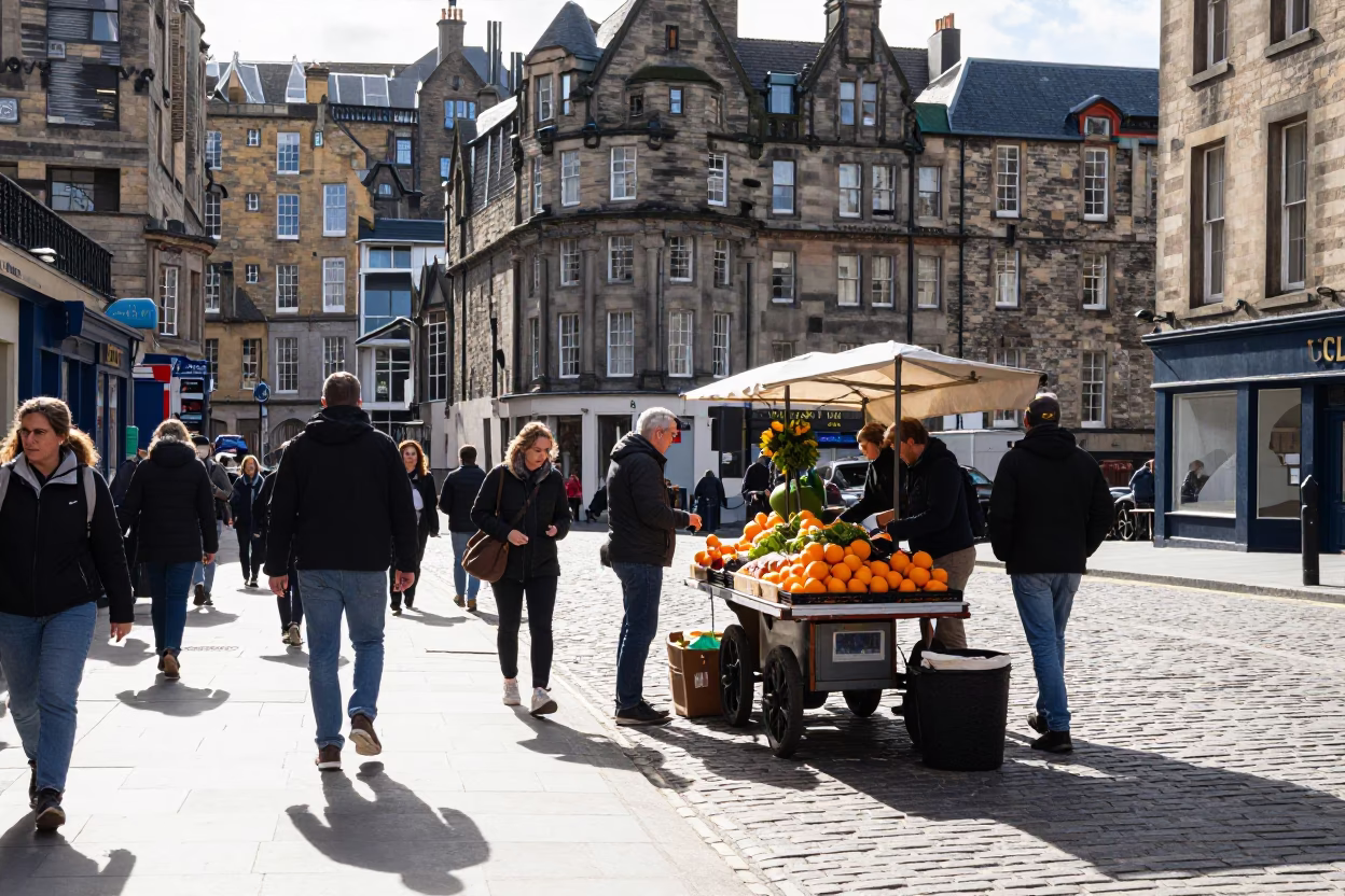 Late Morning Light on Street Scene in Edinburgh in in Edinburgh, United Kingdom
