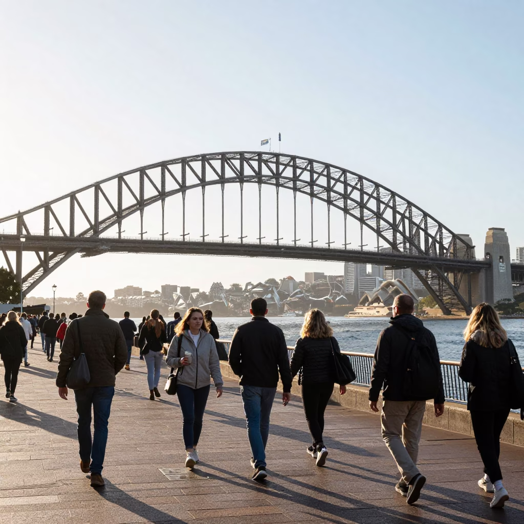Late Morning Light on Sydney Harbour Bridge Pedestrians and Metro Train Emerging from Tunnel in in Sydney, New South Wales, Australia