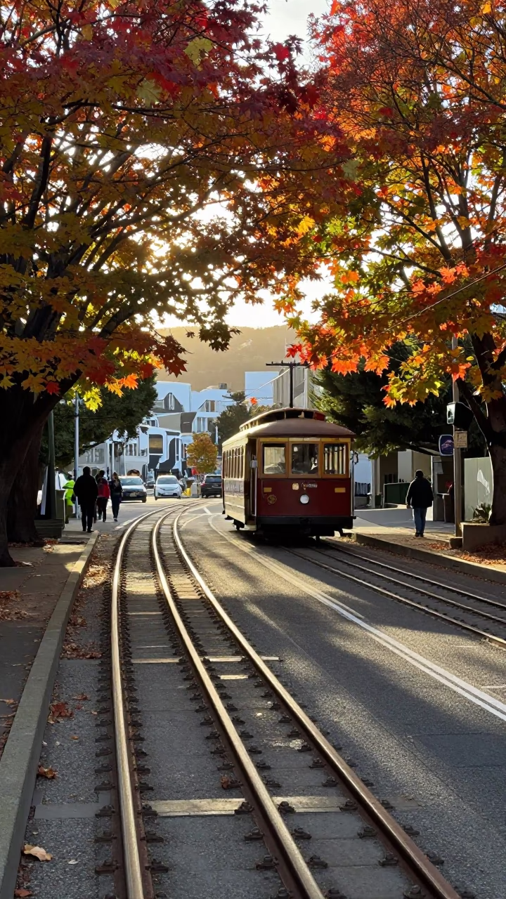 Late Morning Light on Wellington Cable Car Track with Falling Autumn Leaves in in Wellington, New Zealand