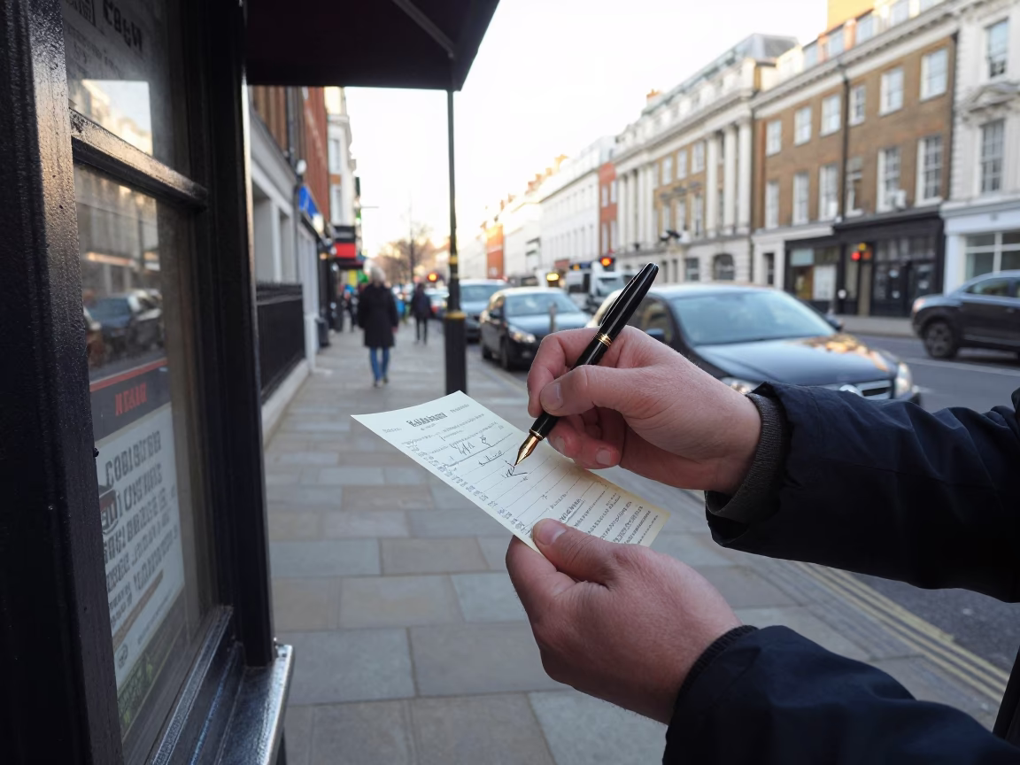 Late Morning London Street Scene with Fountain Pen and Petrol Station Details in in London, United Kingdom