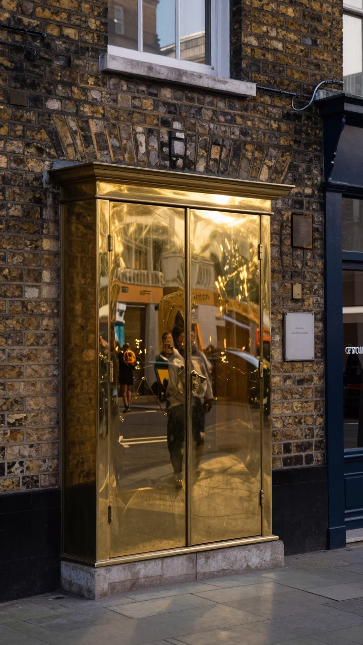Late Morning London Street Scene with Polished Brass Cabinet Door and Spool Box in in London, United Kingdom