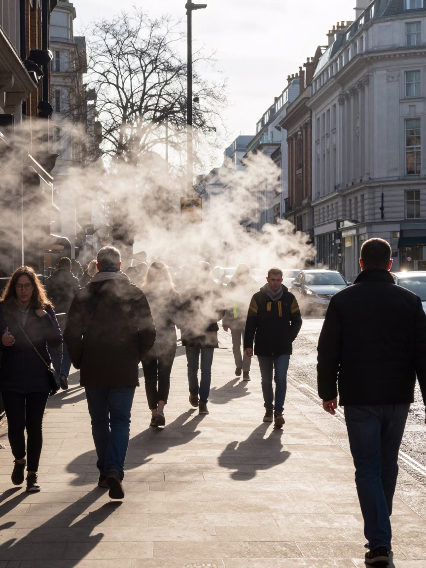 Late Morning London Street Scene with Steam Haze and Urban Infrastructure in in London, United Kingdom