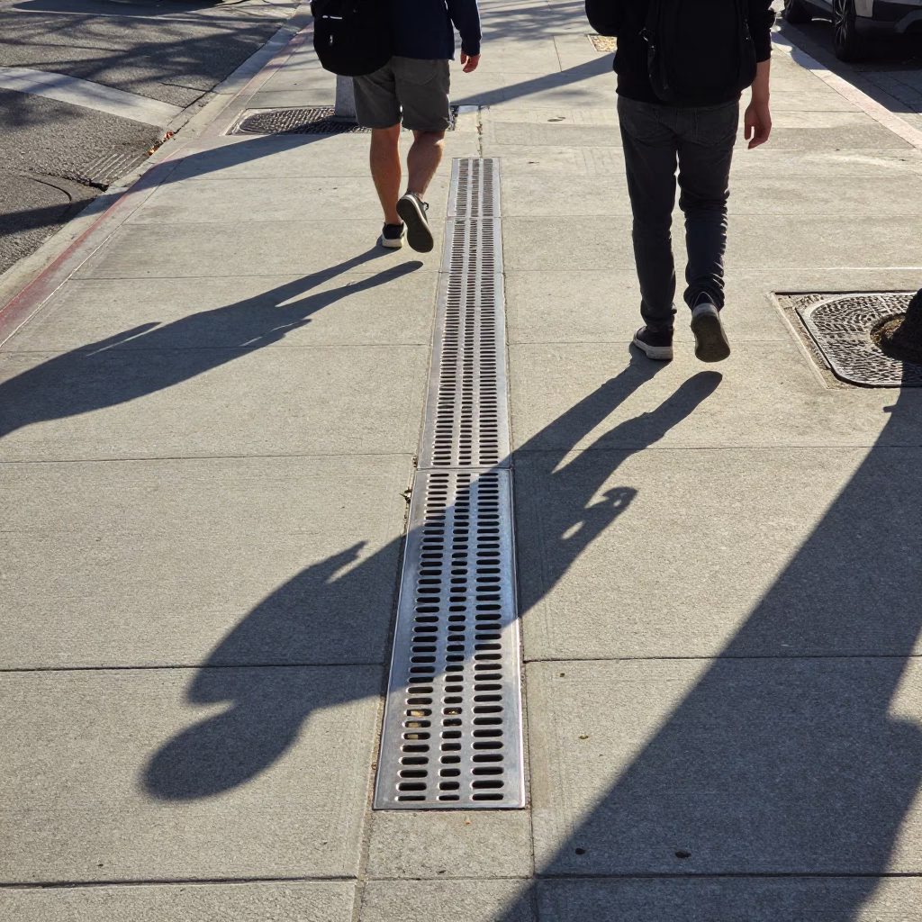 Late Morning Los Angeles Street Scene with Brushed Steel Drain and Capoeira Circle in in Los Angeles, California, United States