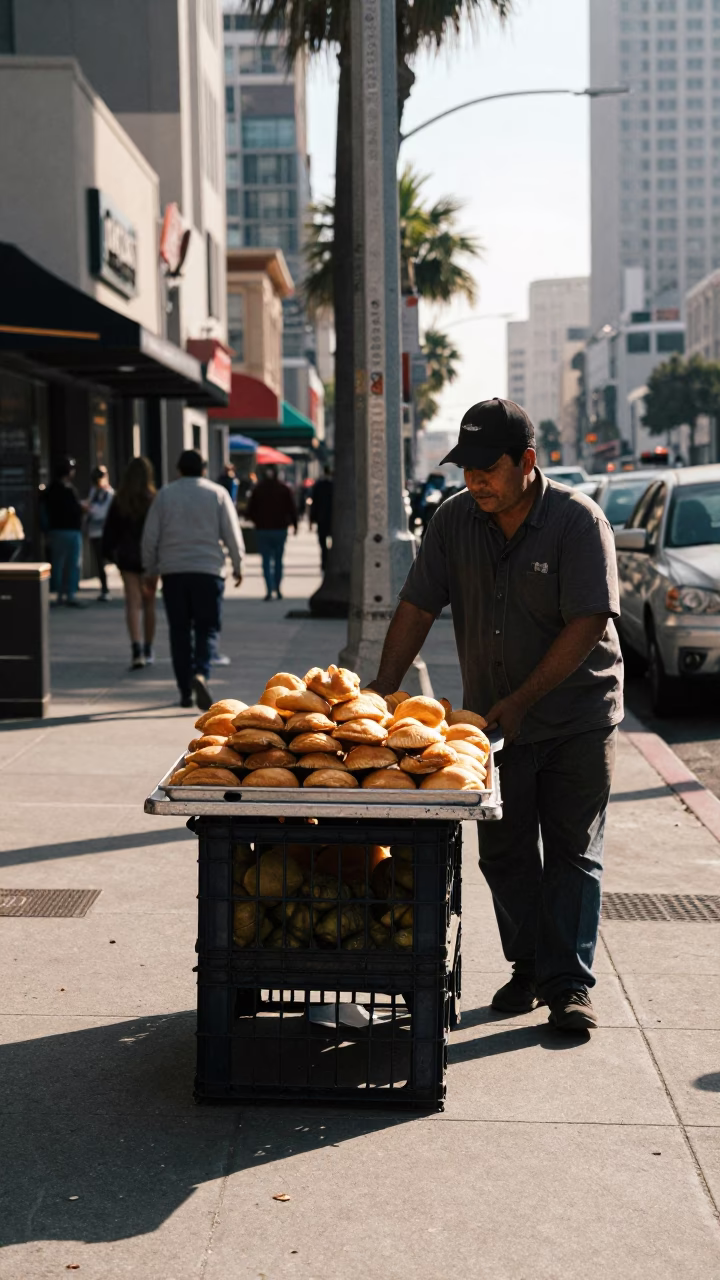 Late Morning Los Angeles Street Scene with Fruit Crate and Pastries on Sidewalk in in Los Angeles, California, United States